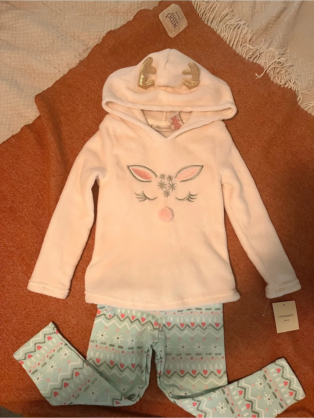 Cynthia Rowley Pink Reindeer Hooded Top with Patterned Mint Leggings - Kids